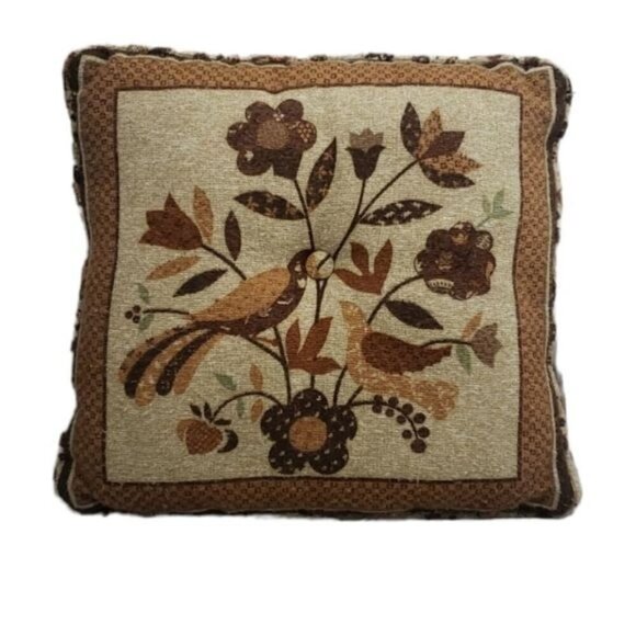 Vintage Folk Art  Grandmacore Birds Brown Tan Throw Pillow - Picture 2 of 10